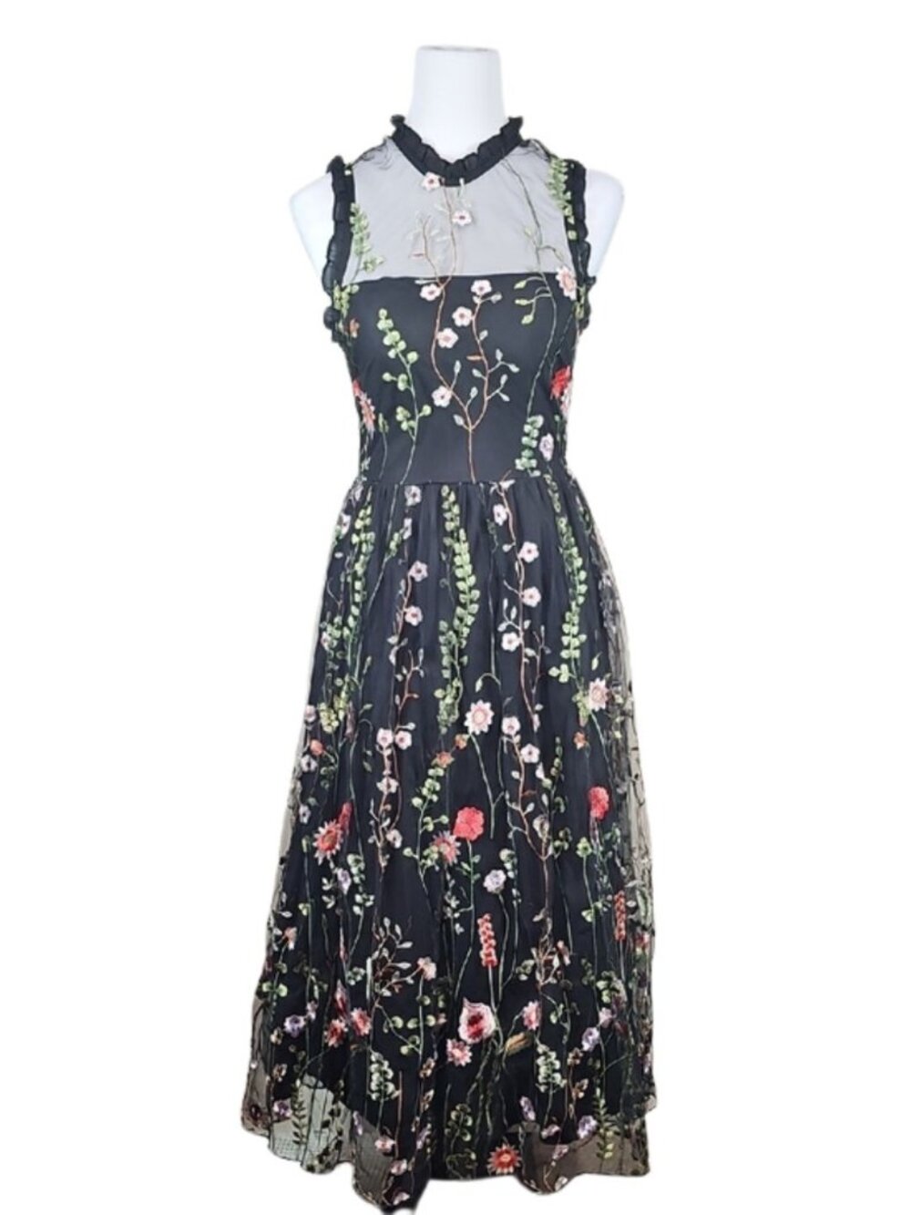 City Studio Black Floral Embroidered Mesh Maxi Dress Sz 7 Juniors Prom Formal